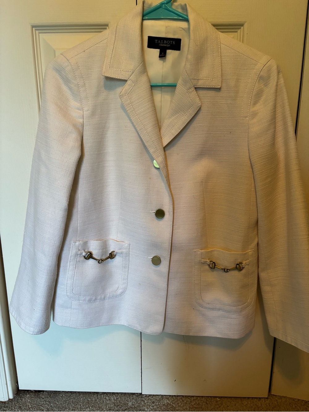 Talbots Cream Linen/Textured Tailored Blazer with Chain Pocket Trim